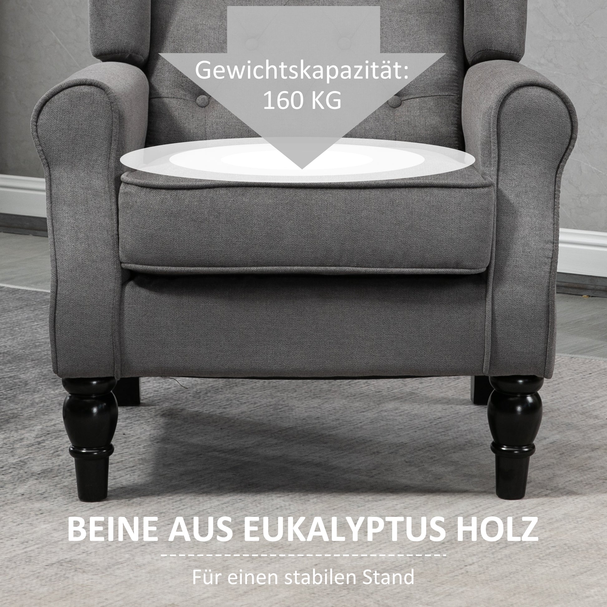 Wing Chair with Tufting, High Backrest, Upholstered Lounge Chair with Rounded Armrests, Wood Legs, for Bedroom, Living Room, up to 160 kg, Dark Gray