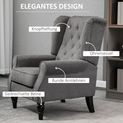 Wing Chair with Tufting, High Backrest, Upholstered Lounge Chair with Rounded Armrests, Wood Legs, for Bedroom, Living Room, up to 160 kg, Dark Gray