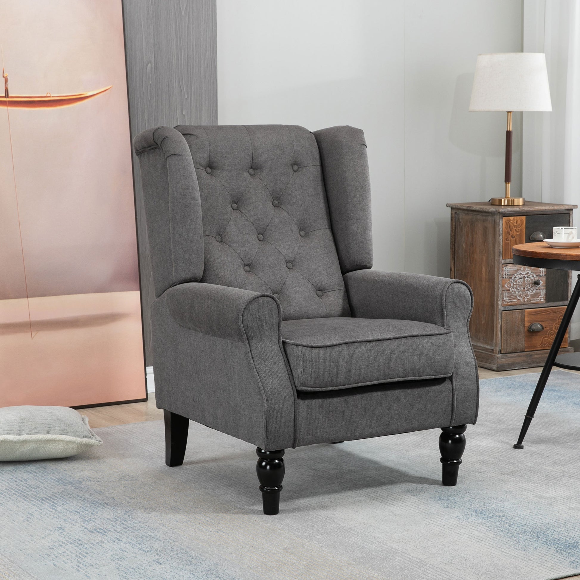 Wing Chair with Tufting, High Backrest, Upholstered Lounge Chair with Rounded Armrests, Wood Legs, for Bedroom, Living Room, up to 160 kg, Dark Gray