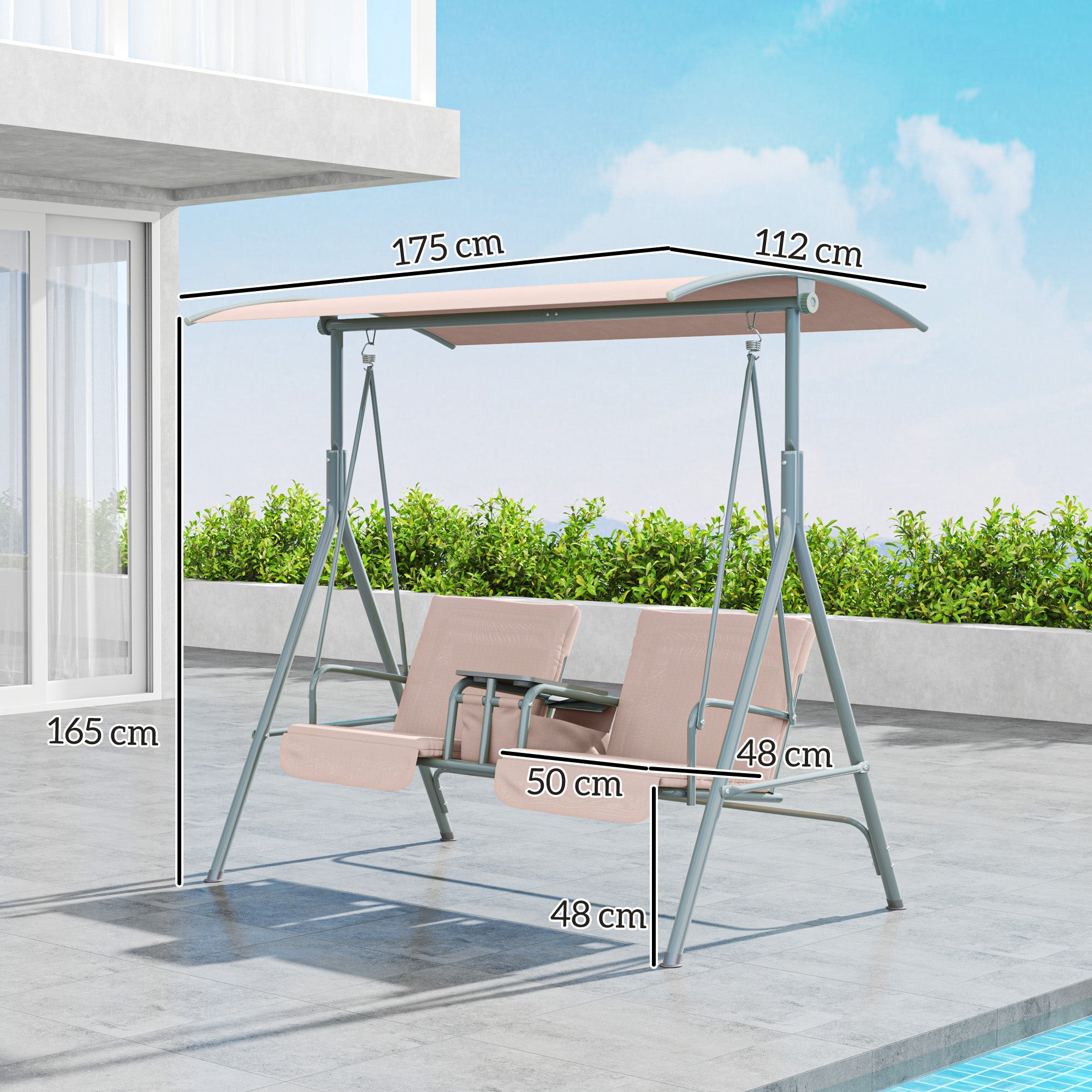 Hollywood Swing with Cup Holder and Side Pocket, 2-Seater Garden Swing with Sun Canopy, Swing Bench supports up to 180 kg, Garden Lounger for Garden, Terrace, 175 x 112 x 165 cm, Beige