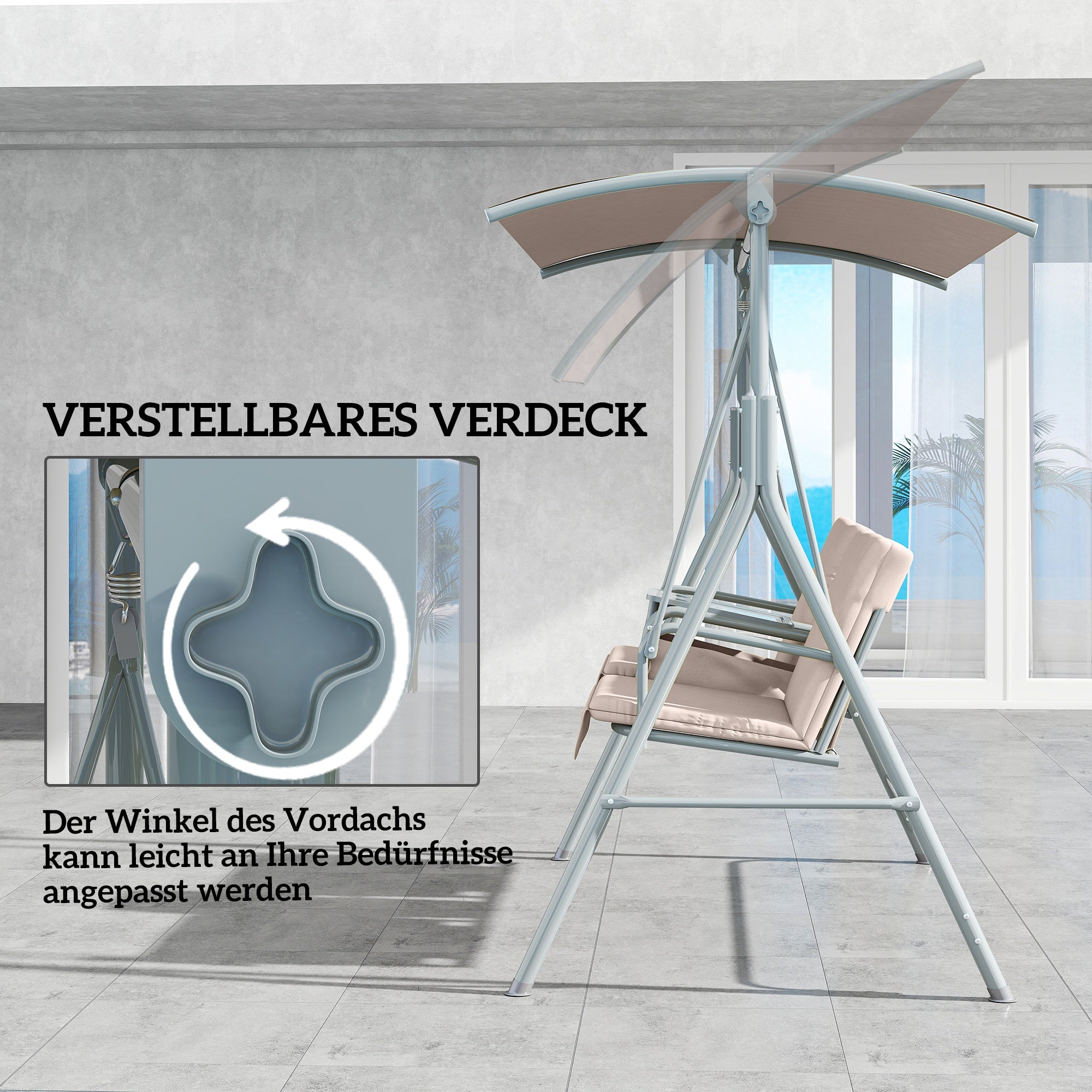 Hollywood Swing with Cup Holder and Side Pocket, 2-Seater Garden Swing with Sun Canopy, Swing Bench supports up to 180 kg, Garden Lounger for Garden, Terrace, 175 x 112 x 165 cm, Beige