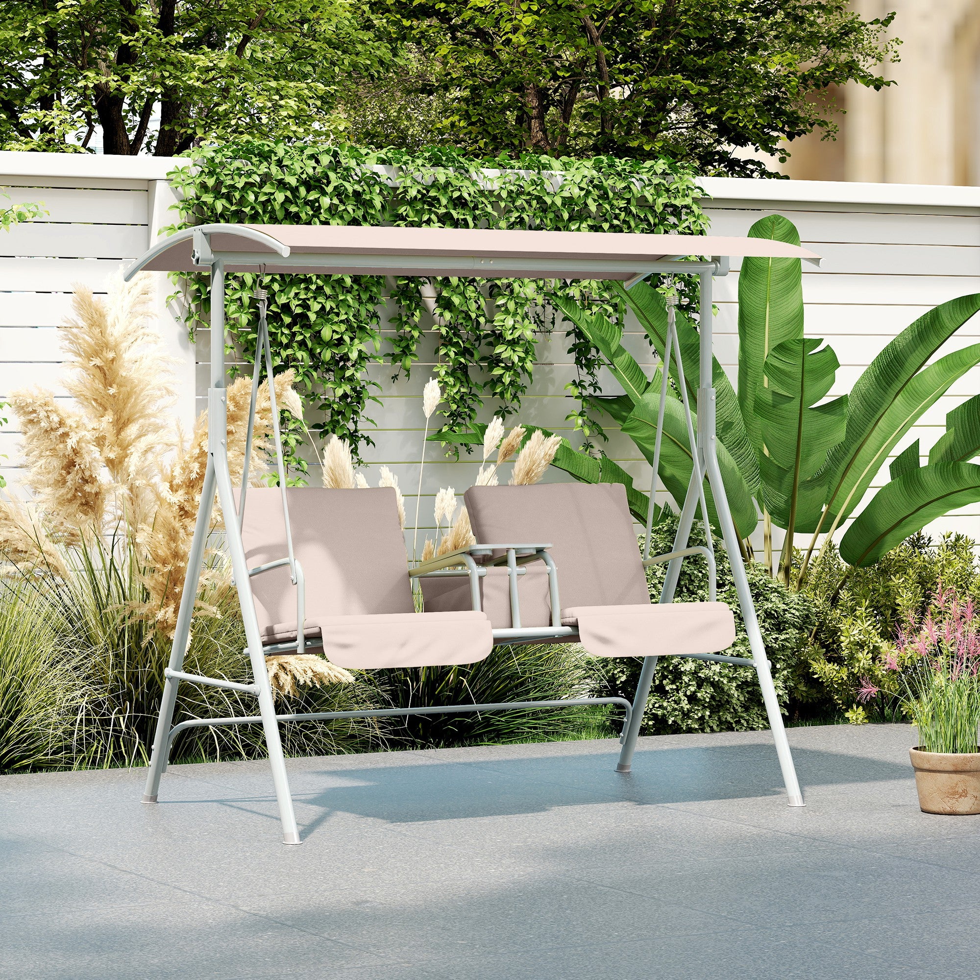 Hollywood Swing with Cup Holder and Side Pocket, 2-Seater Garden Swing with Sun Canopy, Swing Bench supports up to 180 kg, Garden Lounger for Garden, Terrace, 175 x 112 x 165 cm, Beige