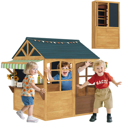 Natural Wood Foldable Outdoor Kids Playhouse with 2 Chalkboards, Windows, and Awning Children's Garden House for Ages 3 and Up
