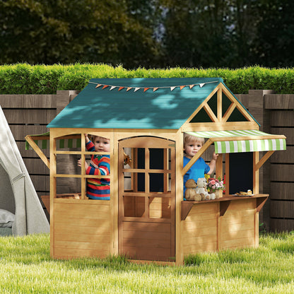 Natural Wood Foldable Outdoor Kids Playhouse with 2 Chalkboards, Windows, and Awning Children's Garden House for Ages 3 and Up