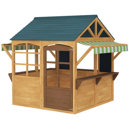 Natural Wood Foldable Outdoor Kids Playhouse with 2 Chalkboards, Windows, and Awning Children's Garden House for Ages 3 and Up