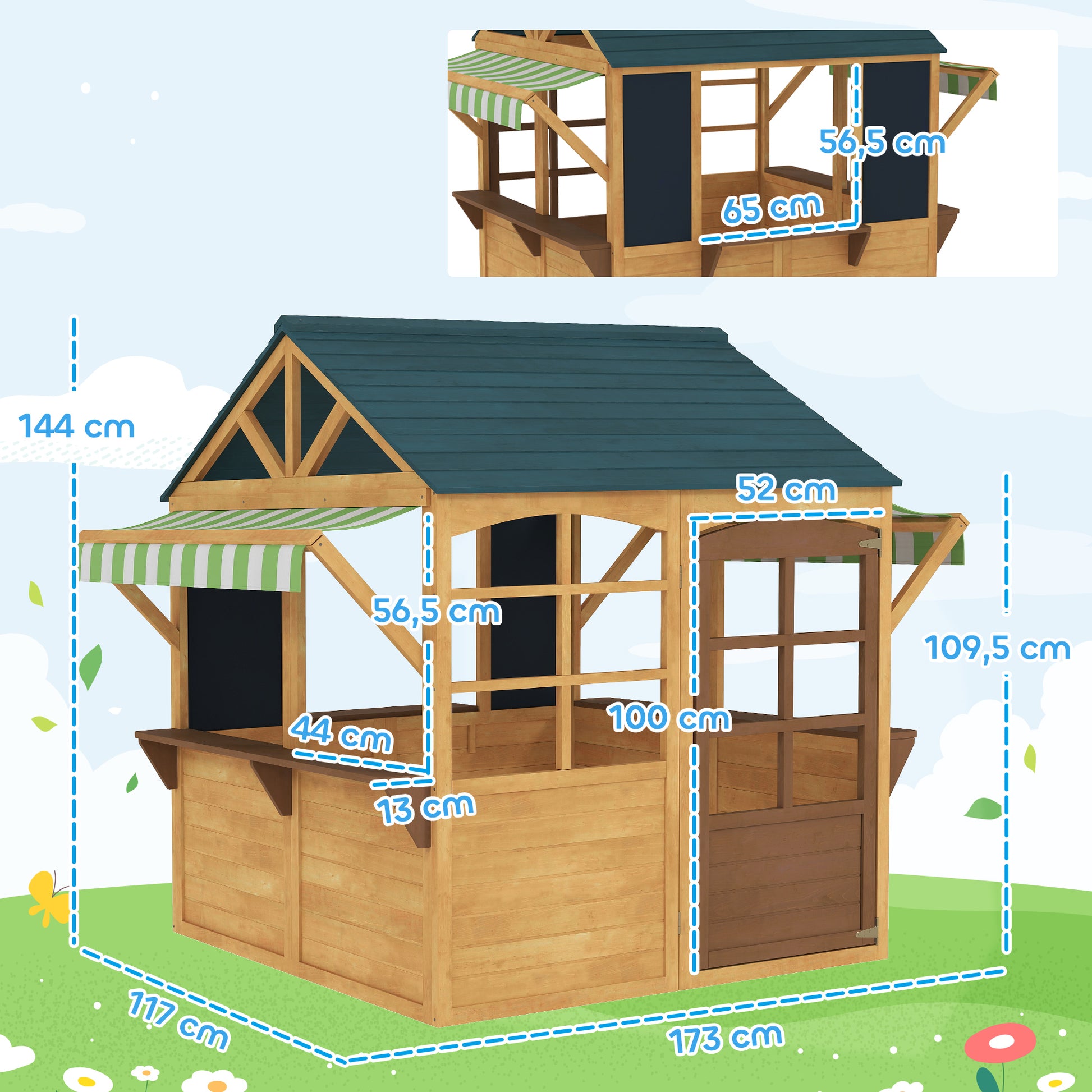 Natural Wood Foldable Outdoor Kids Playhouse with 2 Chalkboards, Windows, and Awning Children's Garden House for Ages 3 and Up