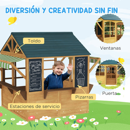 Natural Wood Foldable Outdoor Kids Playhouse with 2 Chalkboards, Windows, and Awning Children's Garden House for Ages 3 and Up