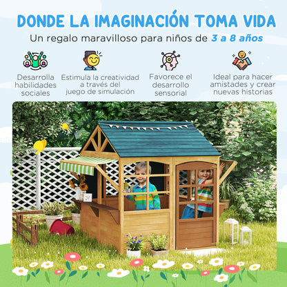 Natural Wood Foldable Outdoor Kids Playhouse with 2 Chalkboards, Windows, and Awning Children's Garden House for Ages 3 and Up