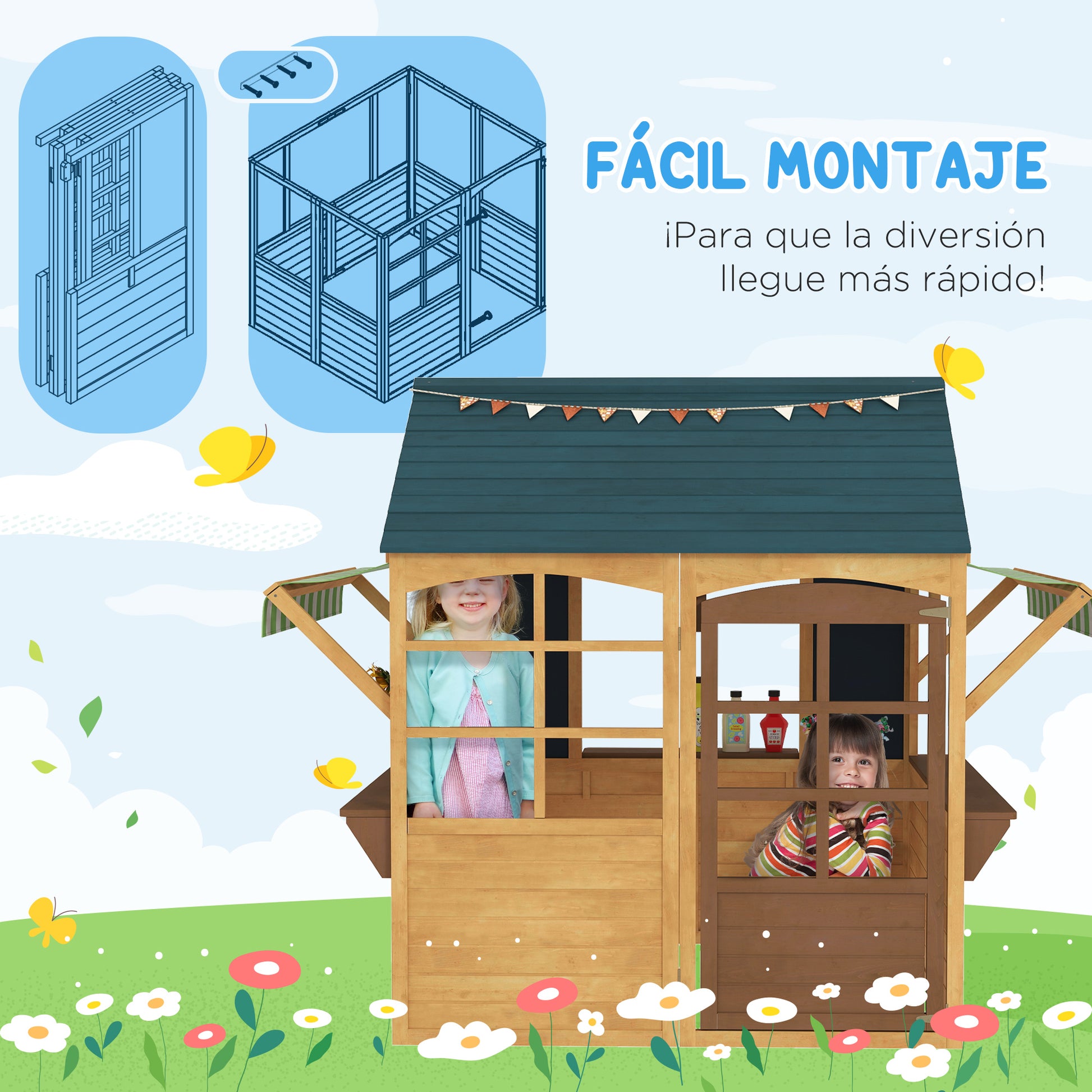 Natural Wood Foldable Outdoor Kids Playhouse with 2 Chalkboards, Windows, and Awning Children's Garden House for Ages 3 and Up