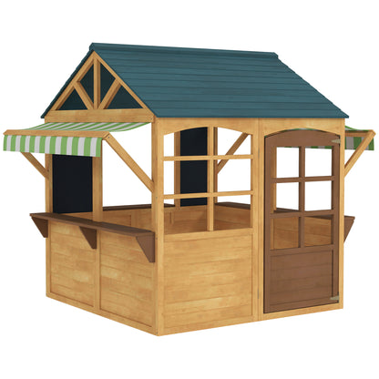 Natural Wood Foldable Outdoor Kids Playhouse with 2 Chalkboards, Windows, and Awning Children's Garden House for Ages 3 and Up