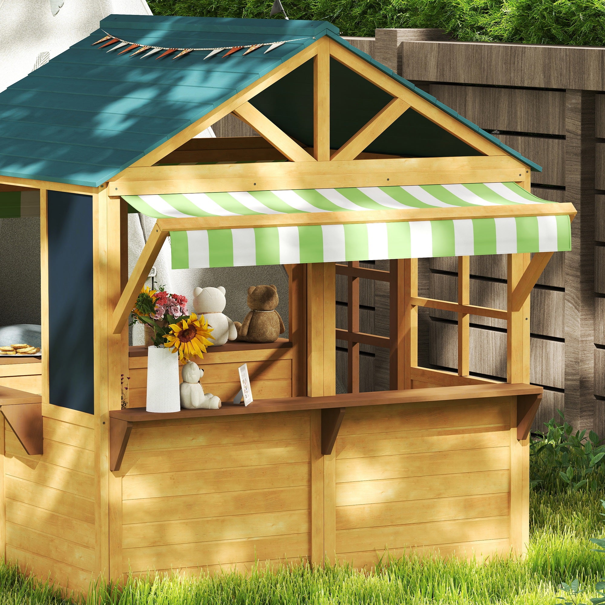 Natural Wood Foldable Outdoor Kids Playhouse with 2 Chalkboards, Windows, and Awning Children's Garden House for Ages 3 and Up