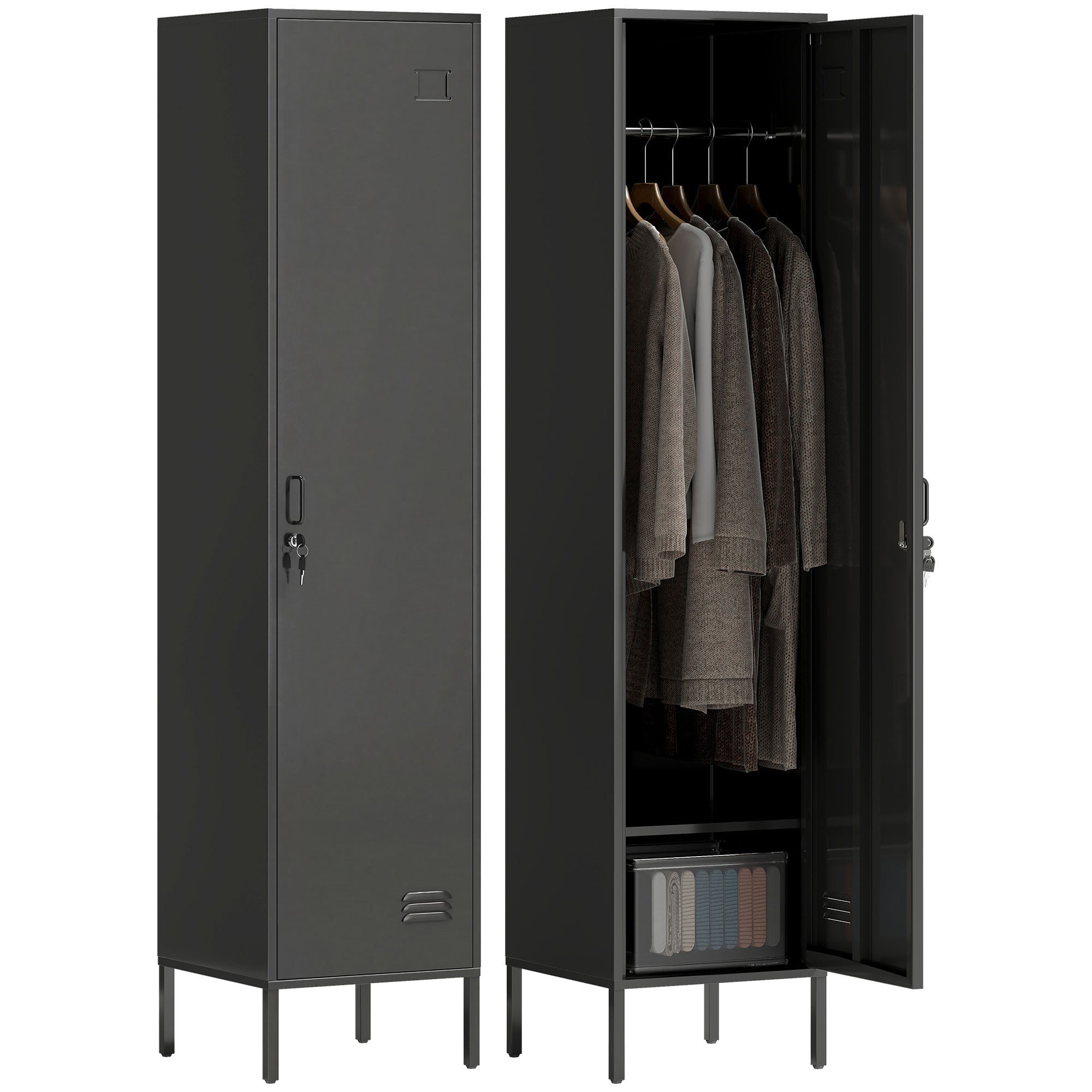 Steel Locker with Lock, Hanging Rail, Label Holder & Ventilated Door, 15.7 x 15.7 x 70.5 in, Black