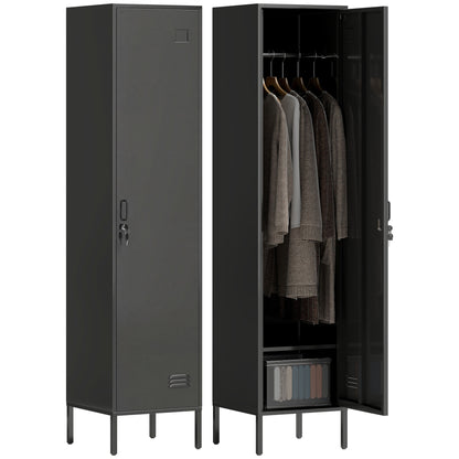 Steel Locker with Lock, Hanging Rail, Label Holder & Ventilated Door, 15.7 x 15.7 x 70.5 in, Black