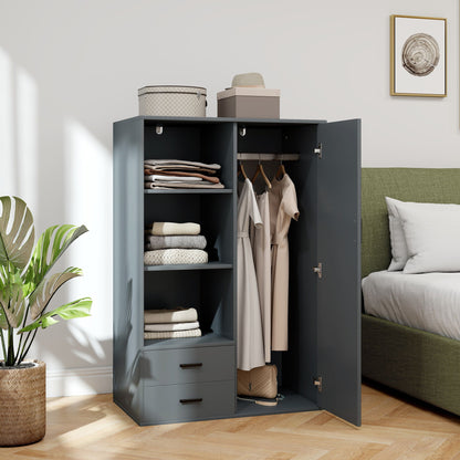 Modern Wardrobe with 2 Drawers, Adjustable Open Shelves, Hanging Rail, Wardrobe for Bedroom and Entrance, 80x50x124 cm, Dark Grey
