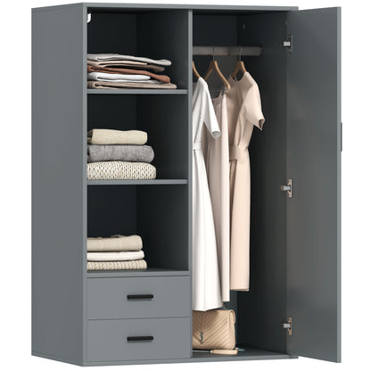 Modern Wardrobe with 2 Drawers, Adjustable Open Shelves, Hanging Rail, Wardrobe for Bedroom and Entrance, 80x50x124 cm, Dark Grey