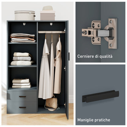 Modern Wardrobe with 2 Drawers, Adjustable Open Shelves, Hanging Rail, Wardrobe for Bedroom and Entrance, 80x50x124 cm, Dark Grey