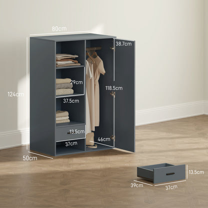 Modern Wardrobe with 2 Drawers, Adjustable Open Shelves, Hanging Rail, Wardrobe for Bedroom and Entrance, 80x50x124 cm, Dark Grey