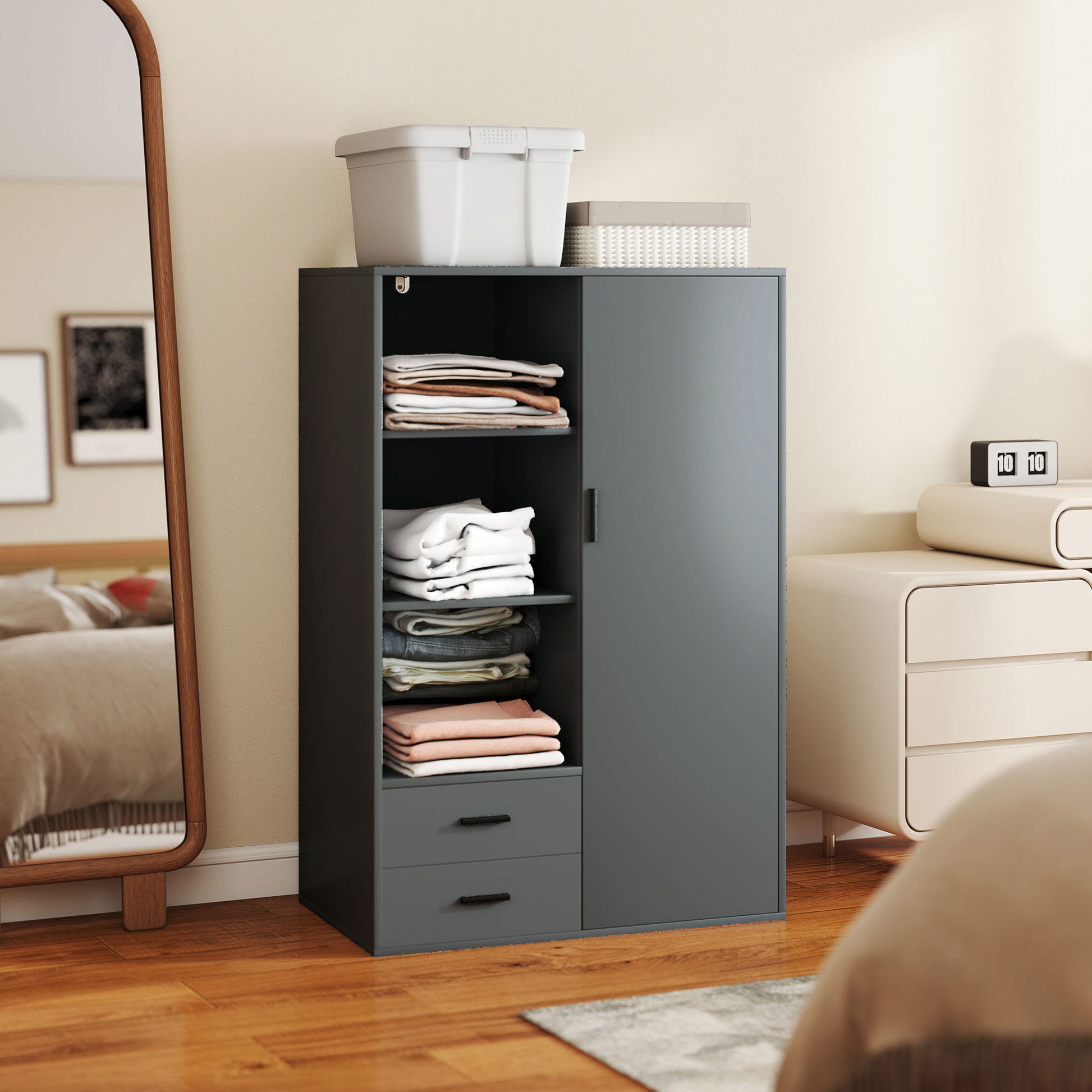 Modern Wardrobe with 2 Drawers, Adjustable Open Shelves, Hanging Rail, Wardrobe for Bedroom and Entrance, 80x50x124 cm, Dark Grey