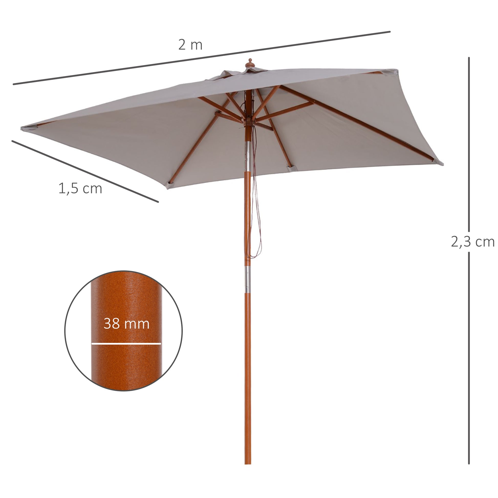 Umbrella 200 x 150 x 235 cm Tiltable Garden Umbrella 3-stage adjustable rectangular Beach Umbrella water-repellent and UV-resistant for Beach Balcony Terrace Garden Gray