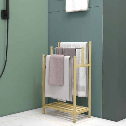 Freestanding Towel Holder with 4 Hooks, 3 Towel Bars, Bath Towel Rack for Bathroom, Bamboo, Natural
