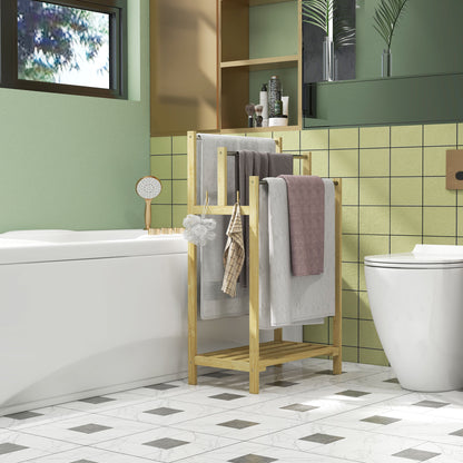 Freestanding Towel Holder with 4 Hooks, 3 Towel Bars, Bath Towel Rack for Bathroom, Bamboo, Natural