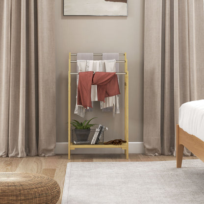 Freestanding Towel Holder with 4 Hooks, 3 Towel Bars, Bath Towel Rack for Bathroom, Bamboo, Natural