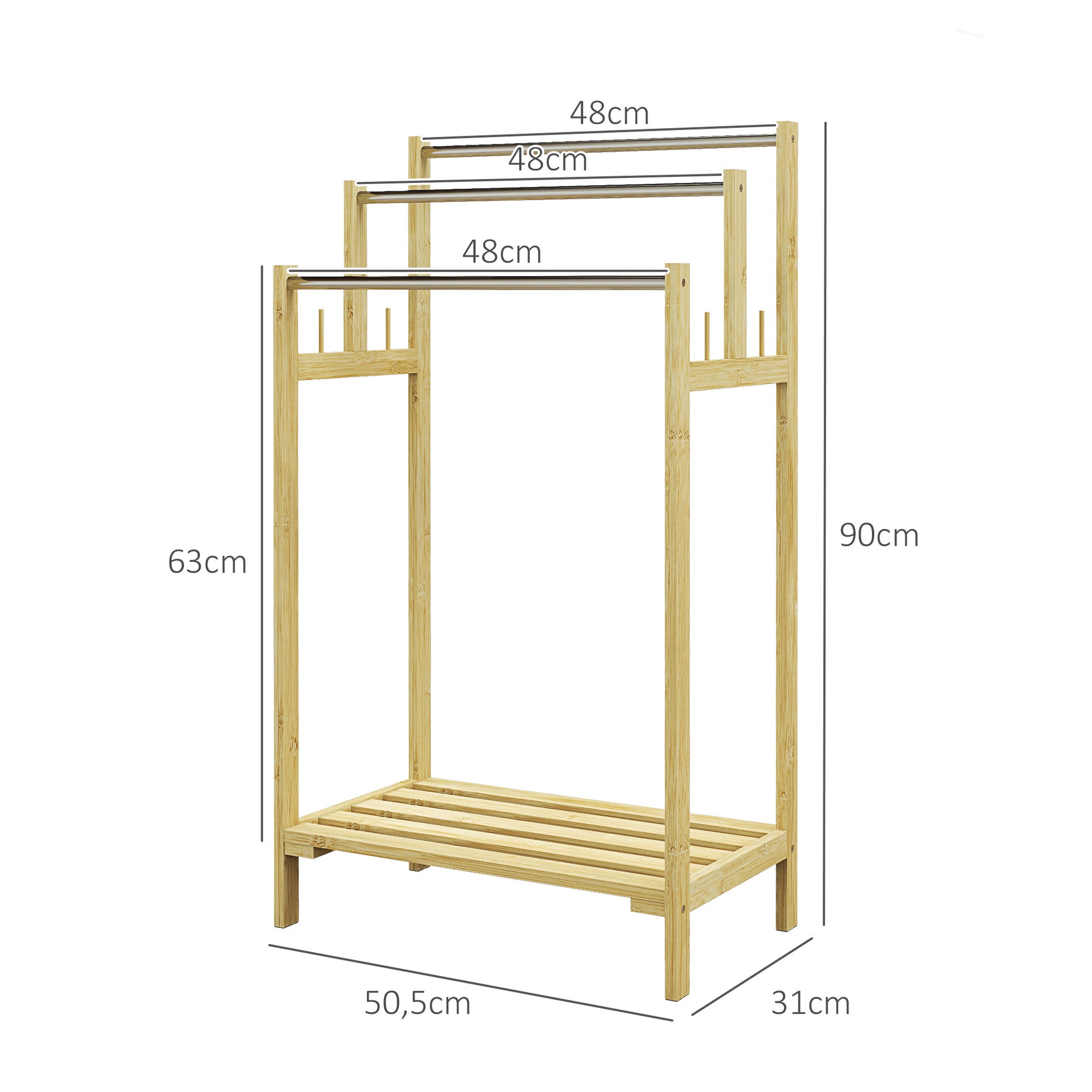 Freestanding Towel Holder with 4 Hooks, 3 Towel Bars, Bath Towel Rack for Bathroom, Bamboo, Natural