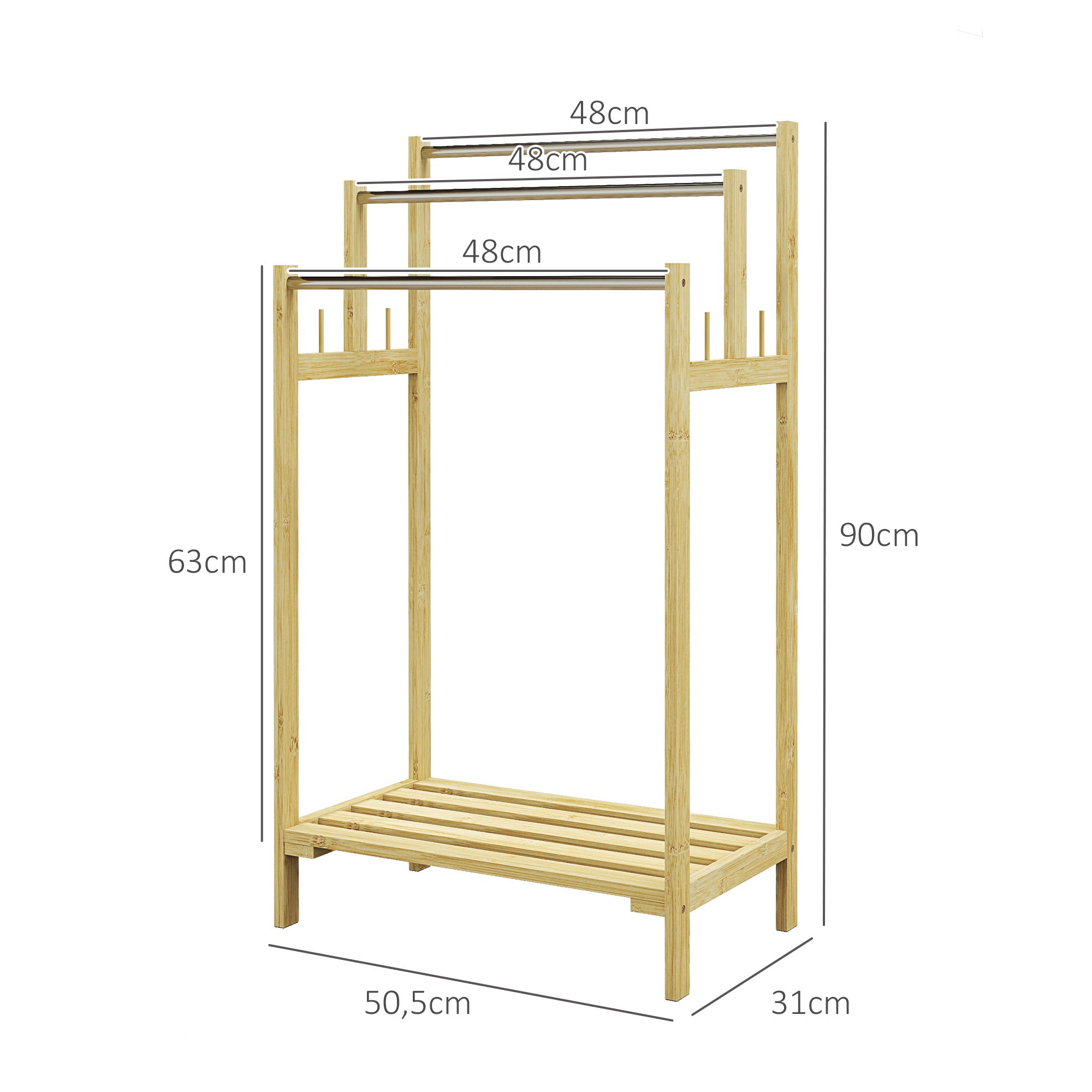 Freestanding Towel Holder with 4 Hooks, 3 Towel Bars, Bath Towel Rack for Bathroom, Bamboo, Natural