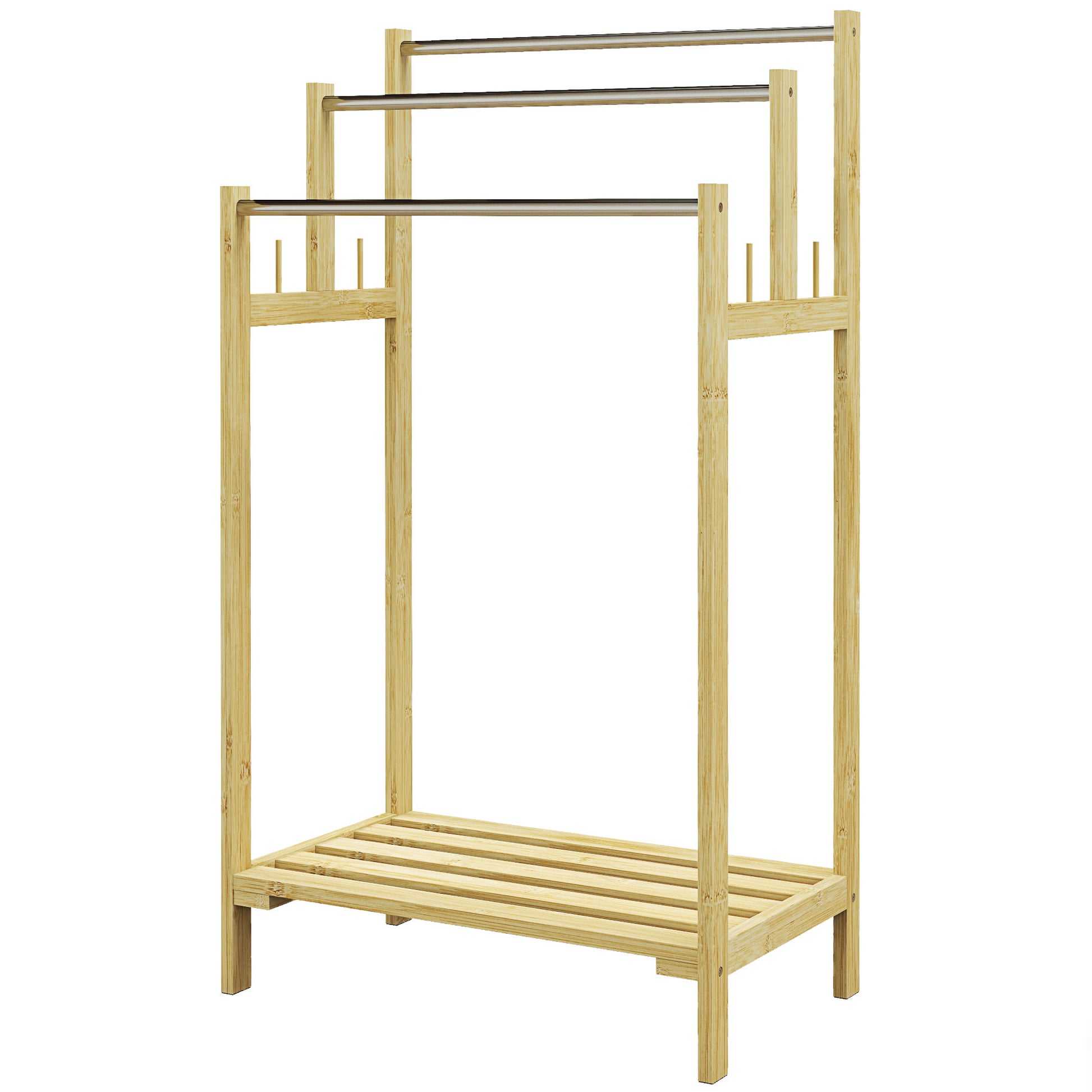 Freestanding Towel Holder with 4 Hooks, 3 Towel Bars, Bath Towel Rack for Bathroom, Bamboo, Natural