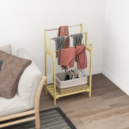 Freestanding Towel Holder with 4 Hooks, 3 Towel Bars, Bath Towel Rack for Bathroom, Bamboo, Natural