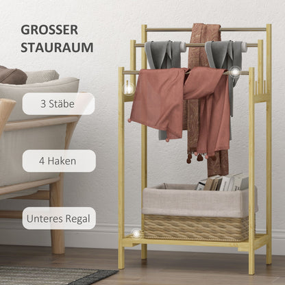 Freestanding Towel Holder with 4 Hooks, 3 Towel Bars, Bath Towel Rack for Bathroom, Bamboo, Natural