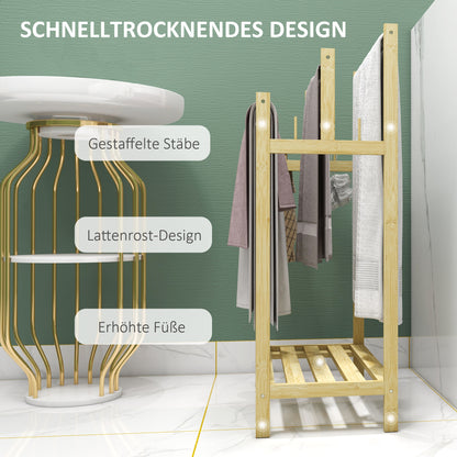 Freestanding Towel Holder with 4 Hooks, 3 Towel Bars, Bath Towel Rack for Bathroom, Bamboo, Natural