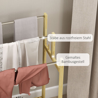 Freestanding Towel Holder with 4 Hooks, 3 Towel Bars, Bath Towel Rack for Bathroom, Bamboo, Natural