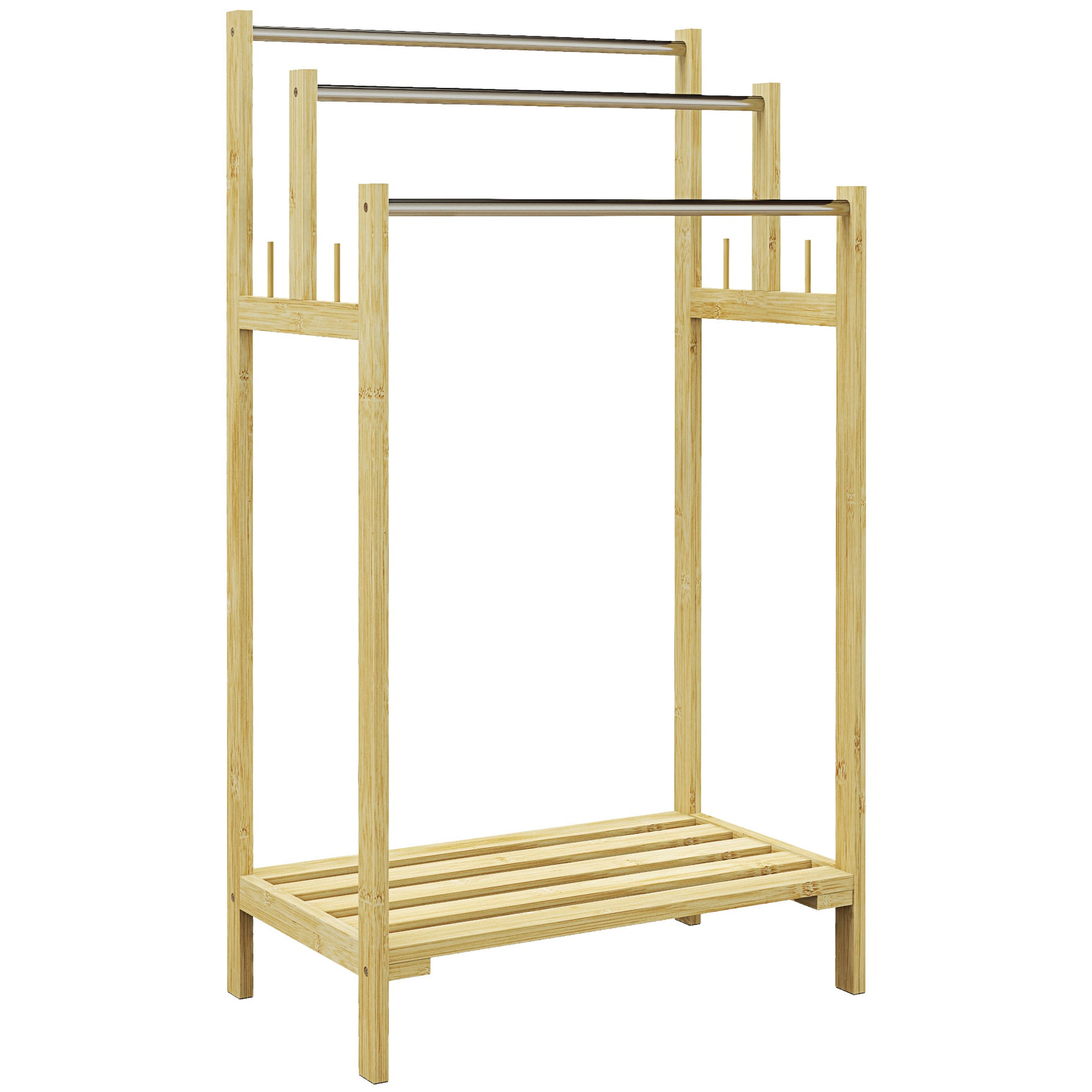 Freestanding Towel Holder with 4 Hooks, 3 Towel Bars, Bath Towel Rack for Bathroom, Bamboo, Natural