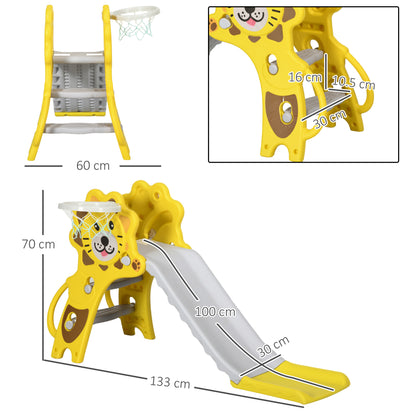 Kids Slide 3 in 1 Slide for Kids aged 18 to 36 Months with 2 Stairs 1 Basketball Hoop and Animal Pattern for Indoor Use 131x50x74 cm Yellow and Gray