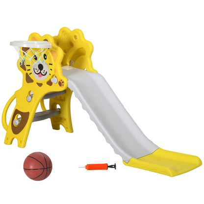 Kids Slide 3 in 1 Slide for Kids aged 18 to 36 Months with 2 Stairs 1 Basketball Hoop and Animal Pattern for Indoor Use 131x50x74 cm Yellow and Gray