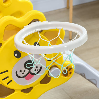 Kids Slide 3 in 1 Slide for Kids aged 18 to 36 Months with 2 Stairs 1 Basketball Hoop and Animal Pattern for Indoor Use 131x50x74 cm Yellow and Gray