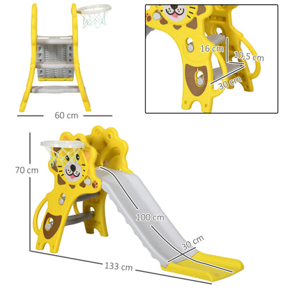 Kids Slide 3 in 1 Slide for Kids aged 18 to 36 Months with 2 Stairs 1 Basketball Hoop and Animal Pattern for Indoor Use 131x50x74 cm Yellow and Gray