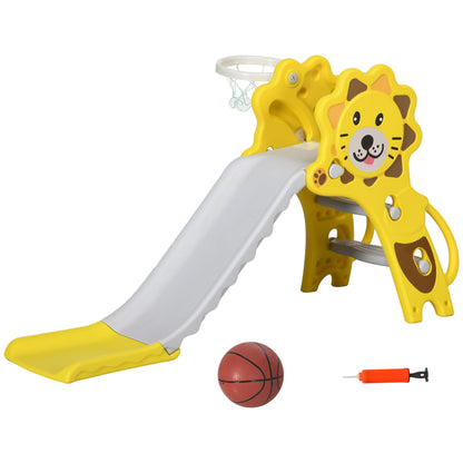 Kids Slide 3 in 1 Slide for Kids aged 18 to 36 Months with 2 Stairs 1 Basketball Hoop and Animal Pattern for Indoor Use 131x50x74 cm Yellow and Gray