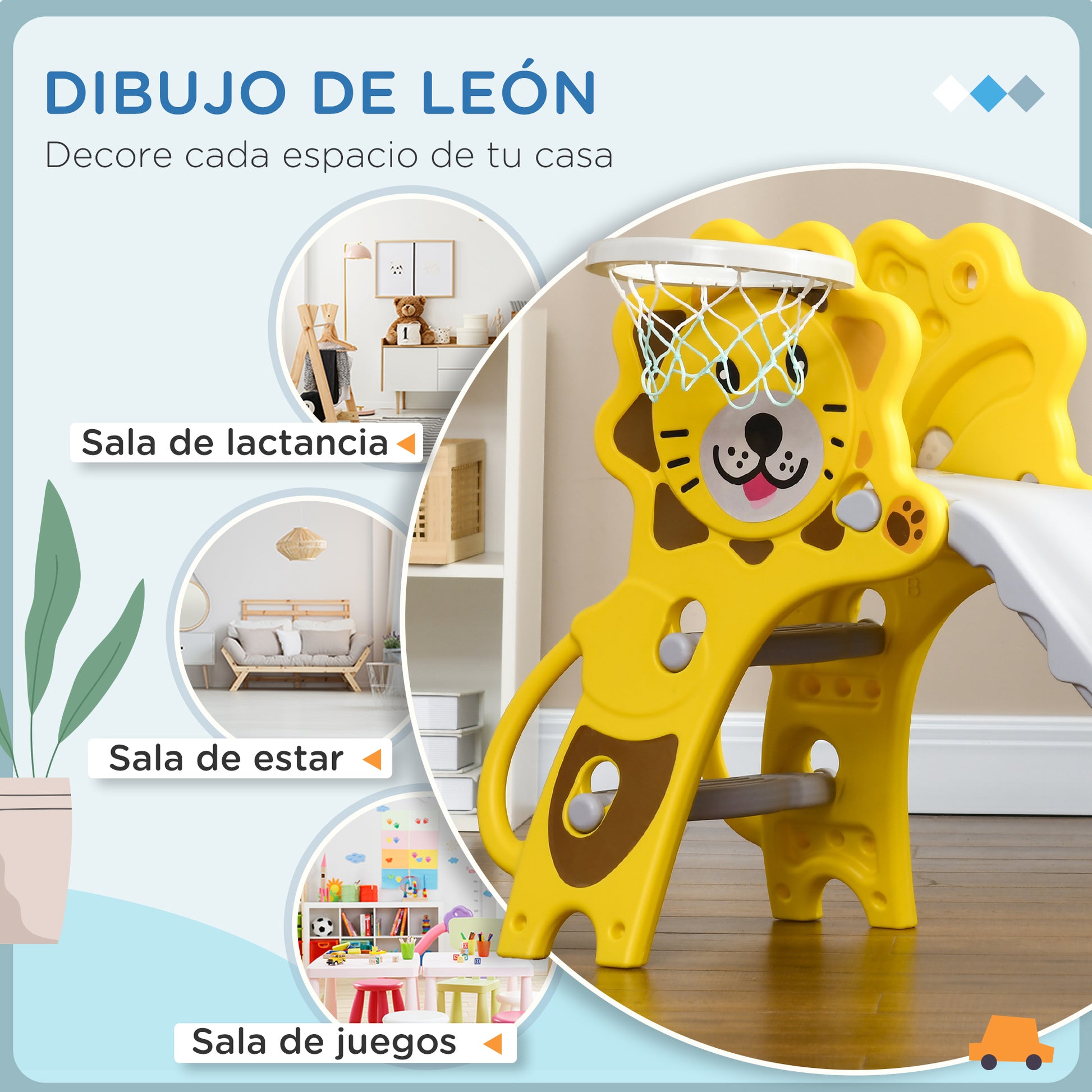 Kids Slide 3 in 1 Slide for Kids aged 18 to 36 Months with 2 Stairs 1 Basketball Hoop and Animal Pattern for Indoor Use 131x50x74 cm Yellow and Gray