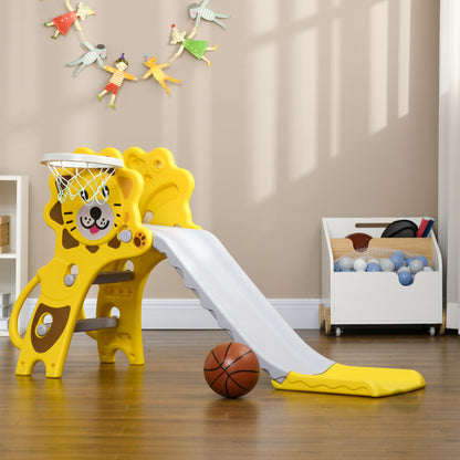 Kids Slide 3 in 1 Slide for Kids aged 18 to 36 Months with 2 Stairs 1 Basketball Hoop and Animal Pattern for Indoor Use 131x50x74 cm Yellow and Gray