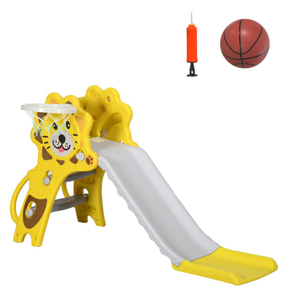 Kids Slide 3 in 1 Slide for Kids aged 18 to 36 Months with 2 Stairs 1 Basketball Hoop and Animal Pattern for Indoor Use 131x50x74 cm Yellow and Gray