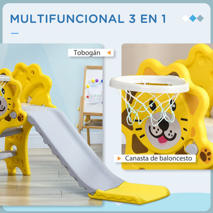 Kids Slide 3 in 1 Slide for Kids aged 18 to 36 Months with 2 Stairs 1 Basketball Hoop and Animal Pattern for Indoor Use 131x50x74 cm Yellow and Gray