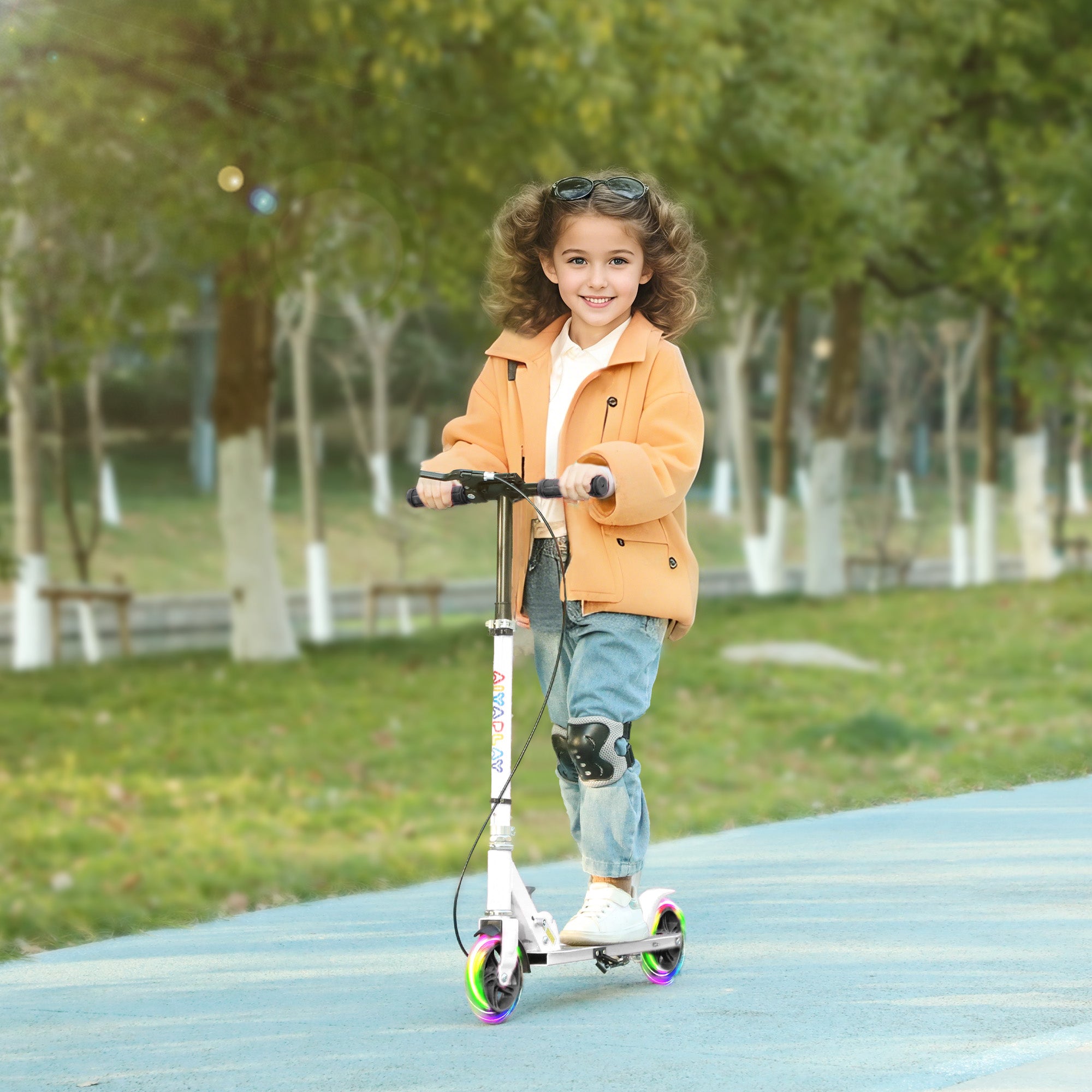 Kids Scooter 3 to 8 years old, foldable scooter with 2 LED light-up wheels, 4 height adjustments, non-slip deck, dual brake, scooter for girls and boys, white