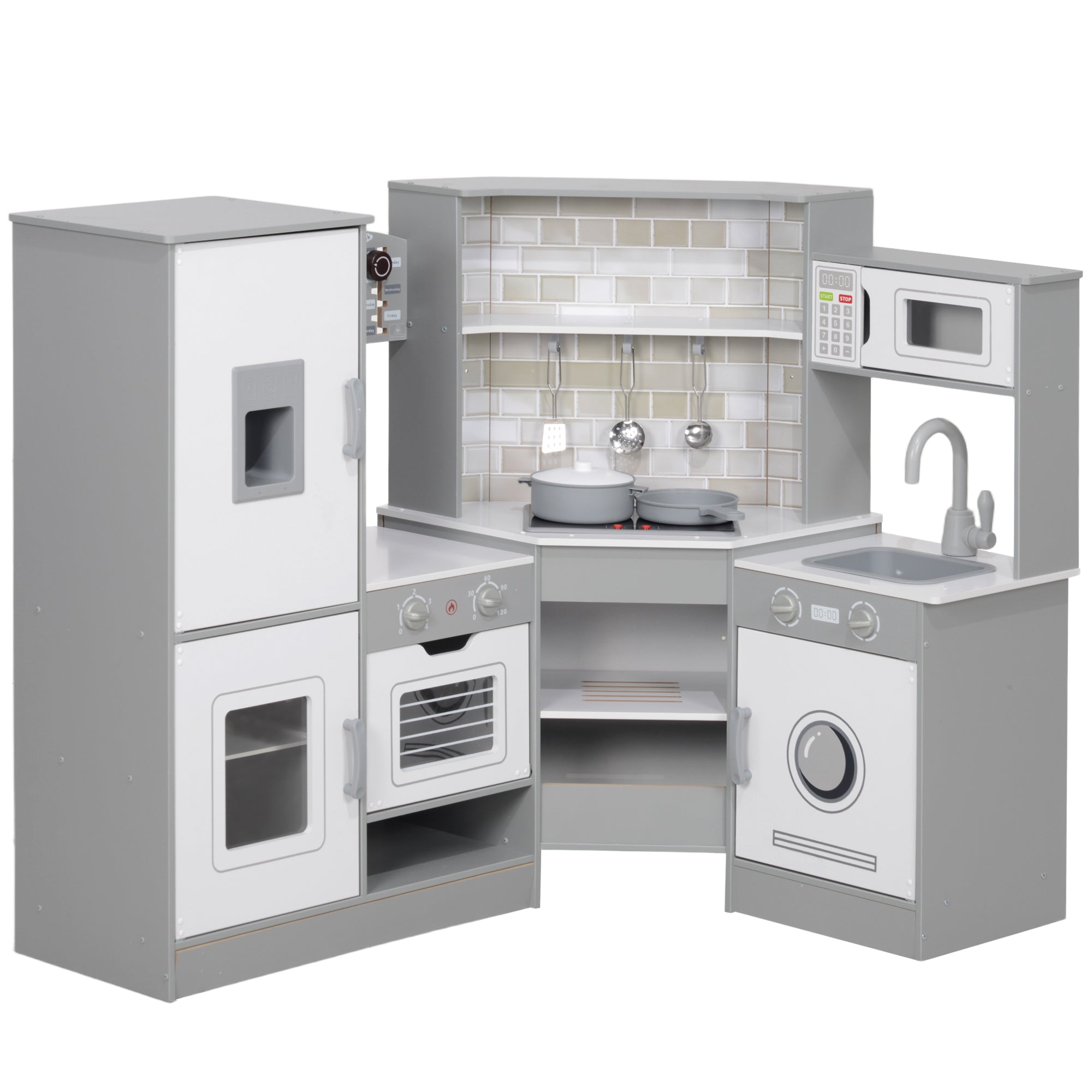 Kids Wooden Toy Kitchen +3 Years Old Children's Corner Kitchen with Sound Stove Oven Faucet Sink Microwave Washer Ice Maker and Accessories Gray