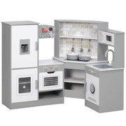 Kids Wooden Toy Kitchen +3 Years Old Children's Corner Kitchen with Sound Stove Oven Faucet Sink Microwave Washer Ice Maker and Accessories Gray