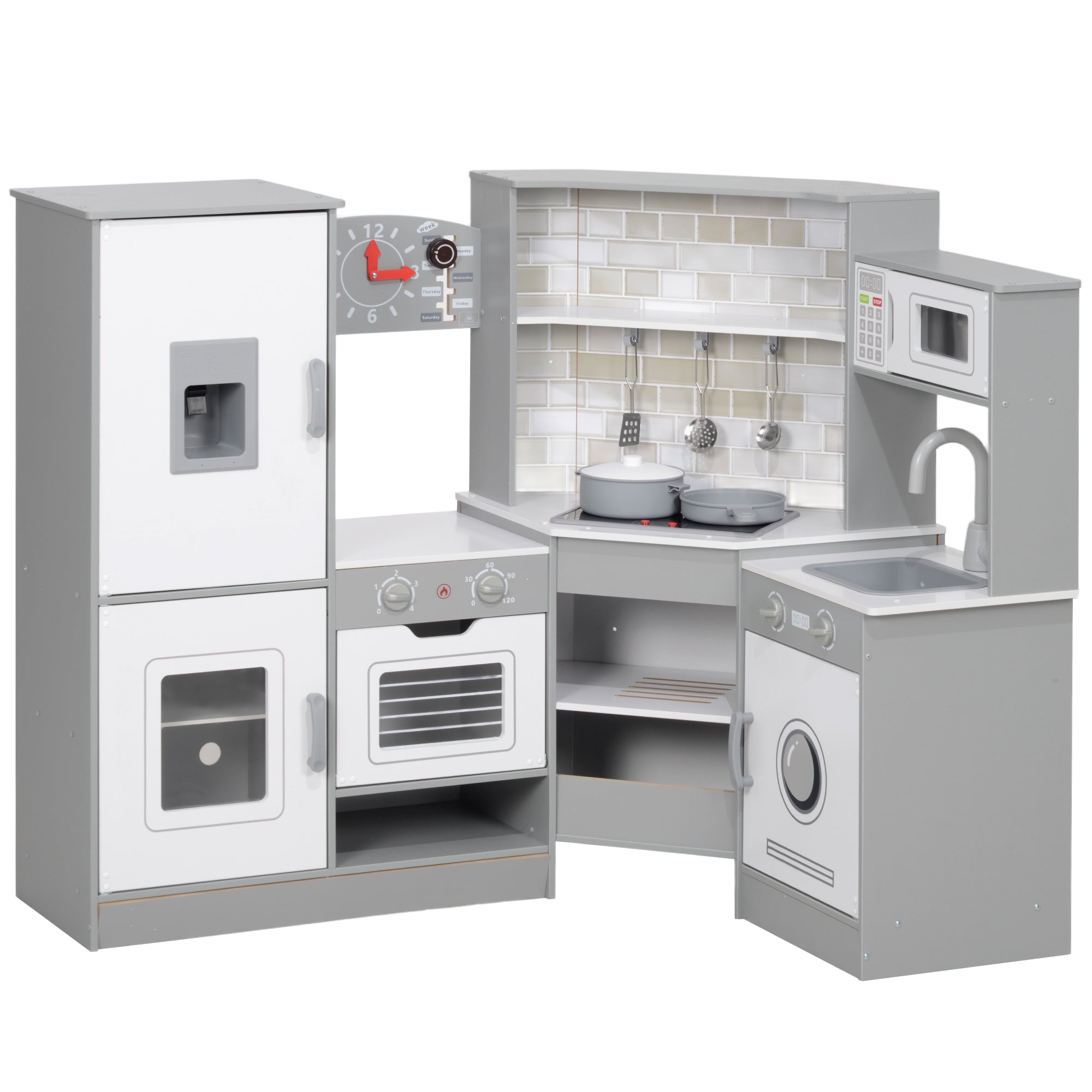 Kids Wooden Toy Kitchen +3 Years Old Children's Corner Kitchen with Sound Stove Oven Faucet Sink Microwave Washer Ice Maker and Accessories Gray