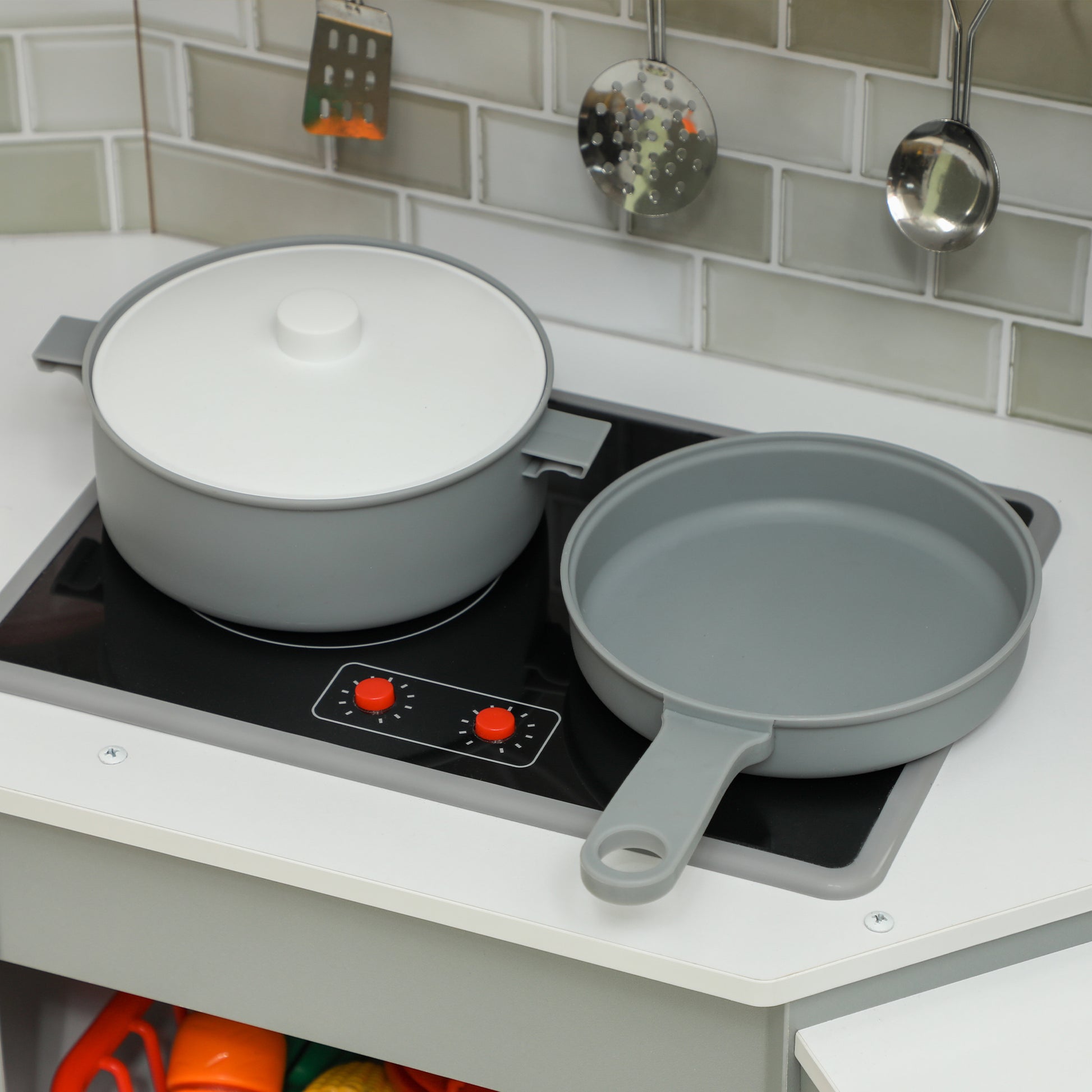 Kids Wooden Toy Kitchen +3 Years Old Children's Corner Kitchen with Sound Stove Oven Faucet Sink Microwave Washer Ice Maker and Accessories Gray