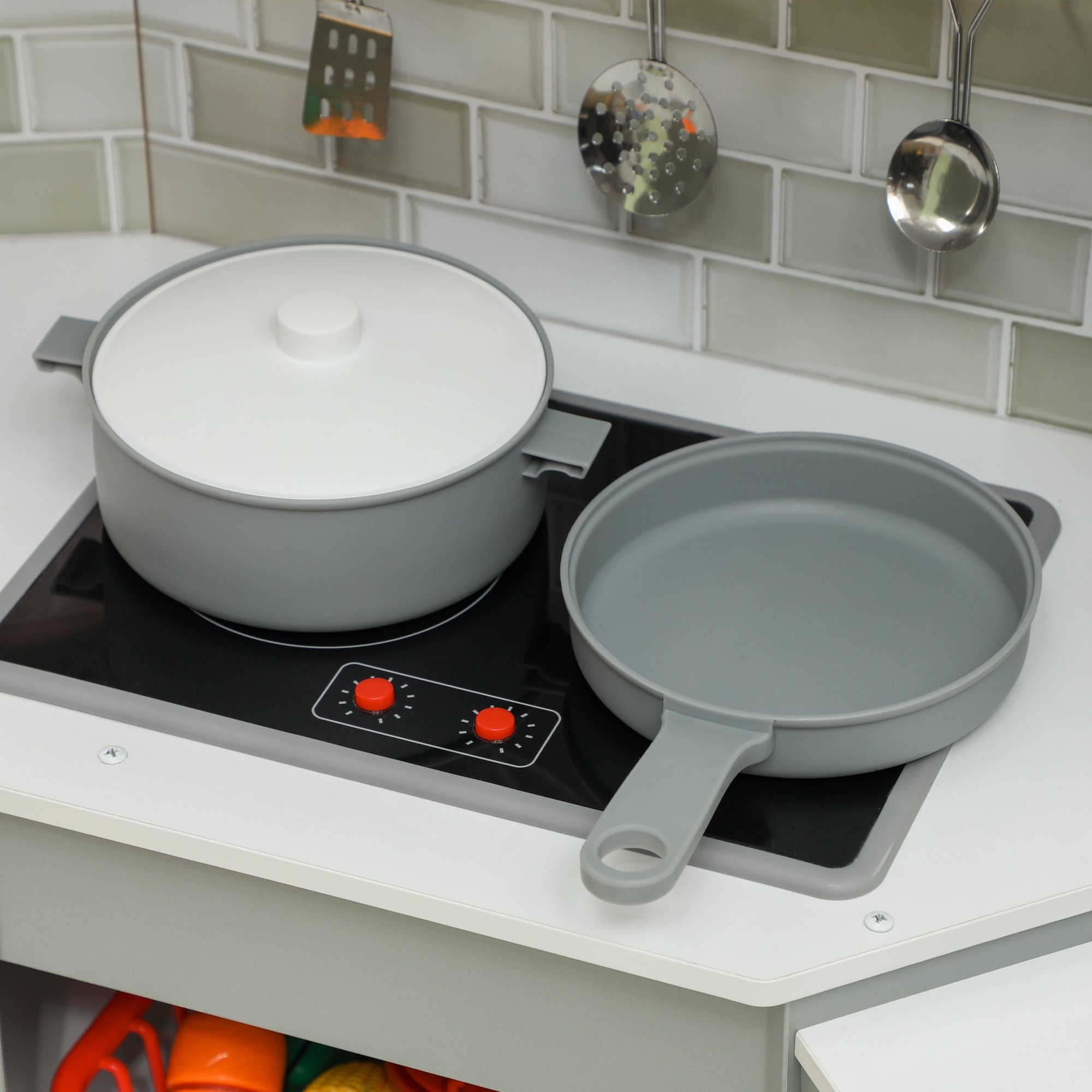 Kids Wooden Toy Kitchen +3 Years Old Children's Corner Kitchen with Sound Stove Oven Faucet Sink Microwave Washer Ice Maker and Accessories Gray