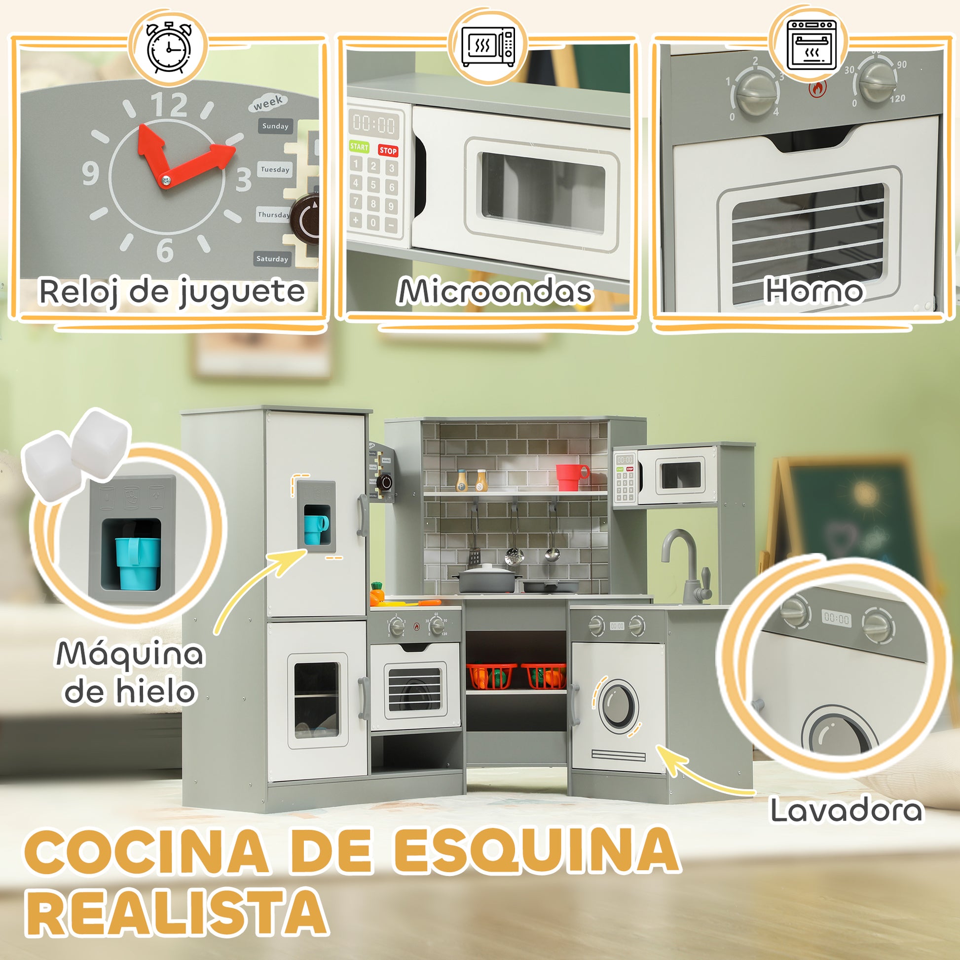 Kids Wooden Toy Kitchen +3 Years Old Children's Corner Kitchen with Sound Stove Oven Faucet Sink Microwave Washer Ice Maker and Accessories Gray